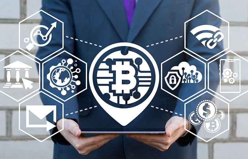 Bitcoin logo, business man, hands out