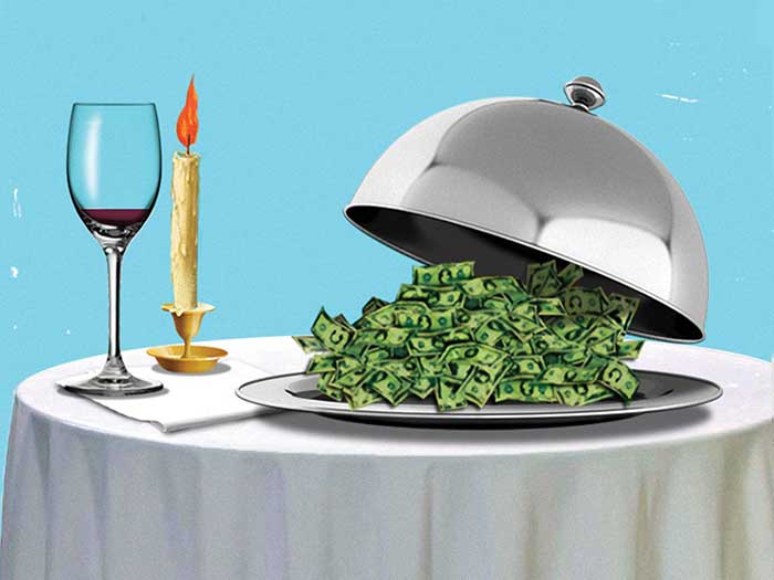 Illustration of a pile money on a silver serving platter, at fancy dinner table setting