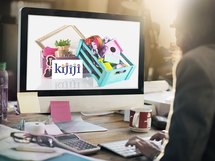 woman shopping on computer, with the visual of a Kijiji logo in front of various things for sale