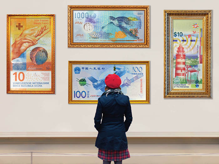 young lady standing in front of currency on display in Museum for "All the money in the world" article in Sept/Oct 2018 edition of PIVOT
