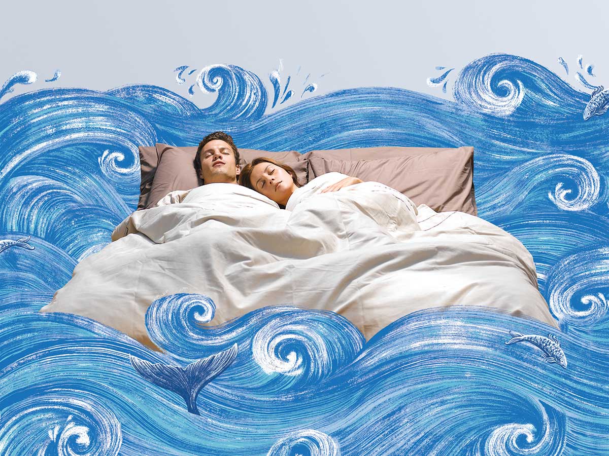 Photo illustration of couple in a bed in water