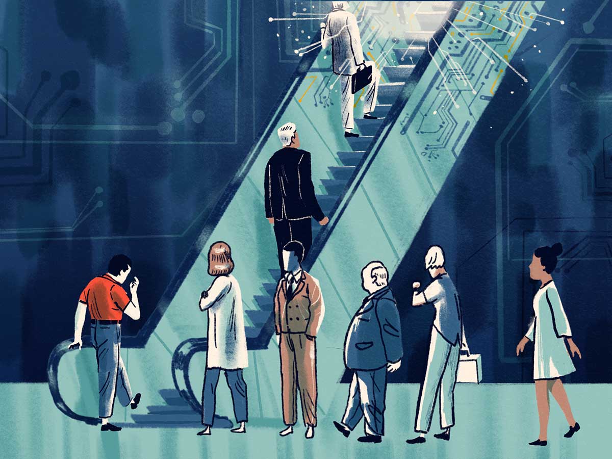 Illustration of people going up an escalator 