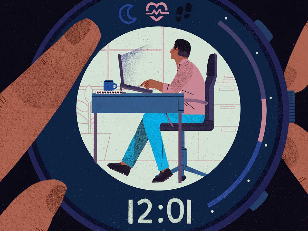 illustration of person working at desk within the face of a watch