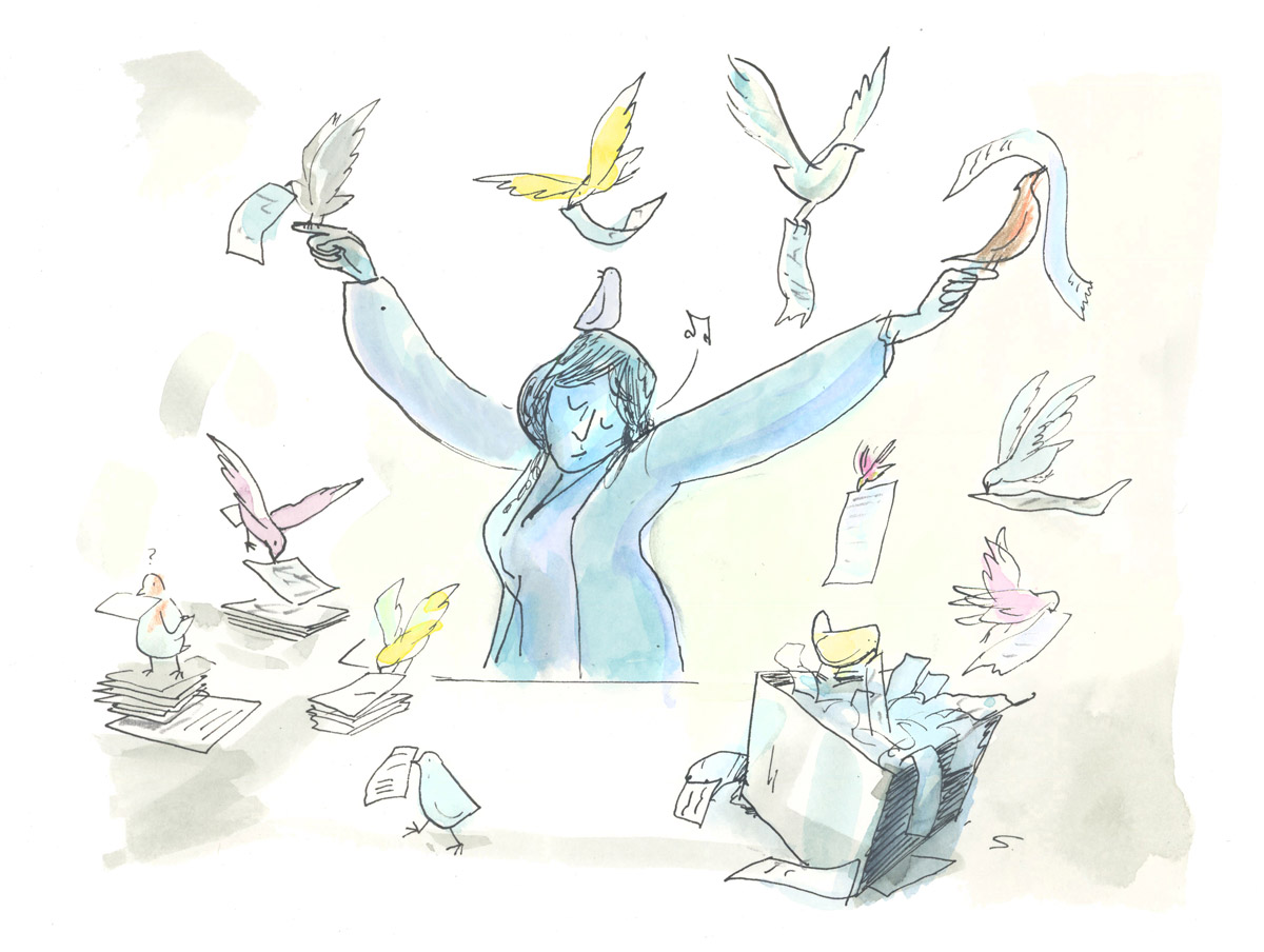 Illustration of birds flying around accountant, helping with paperwork