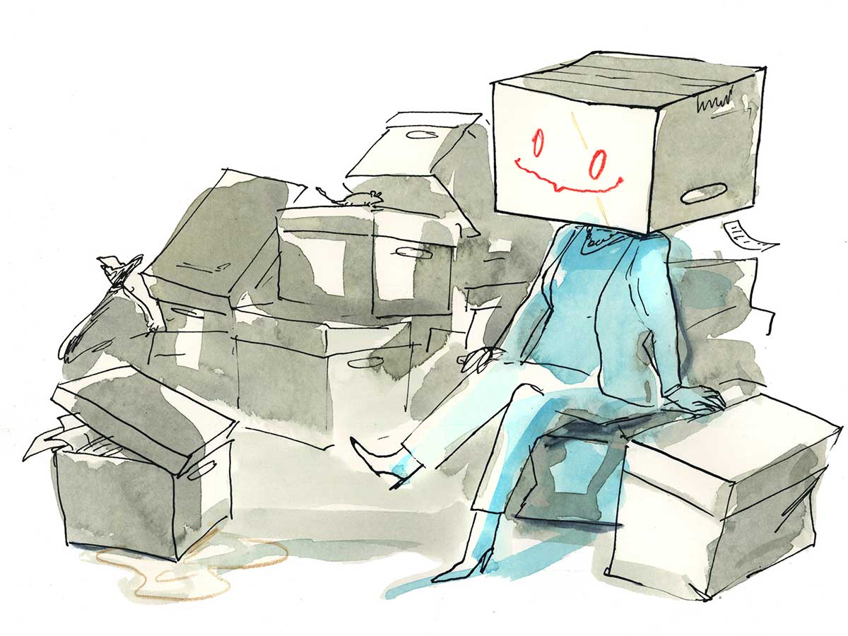 Illustration du comptable assis sur des boîtes, portant une boîte sur la tête avec un visage souriant dessiné