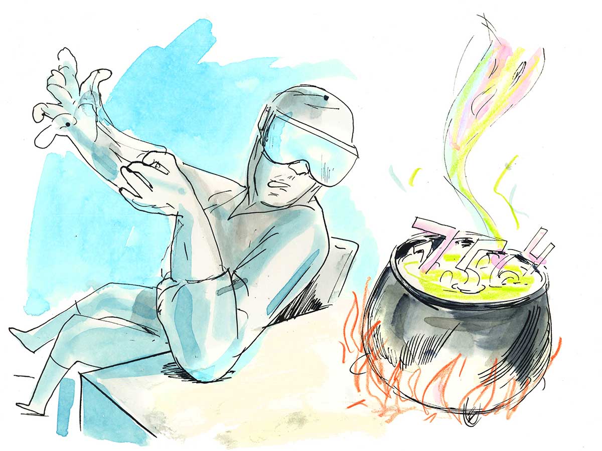 Illustration of accountant wearing protective eyeware and gloves reaching into bubbling cauldron with numbers floating