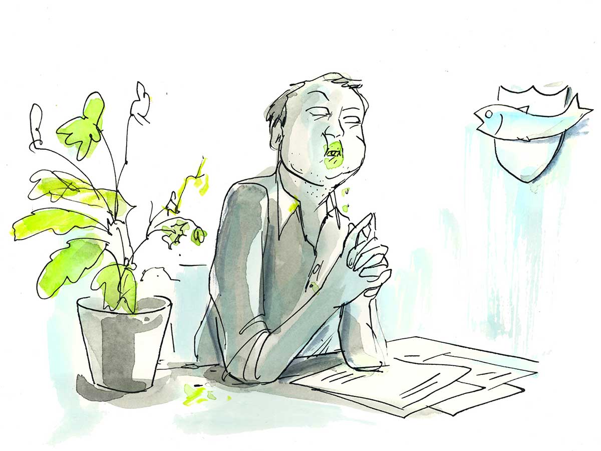 Illustration of accountant eating desk plant