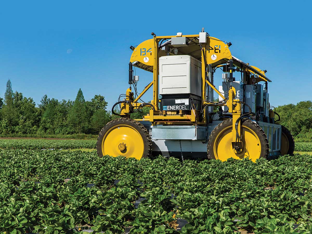 Large unmaned robot farm equipment working in farming field