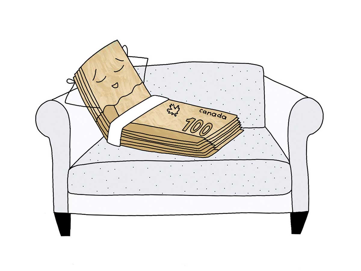 Illustration of a stack-of-money relaxing on a sofa