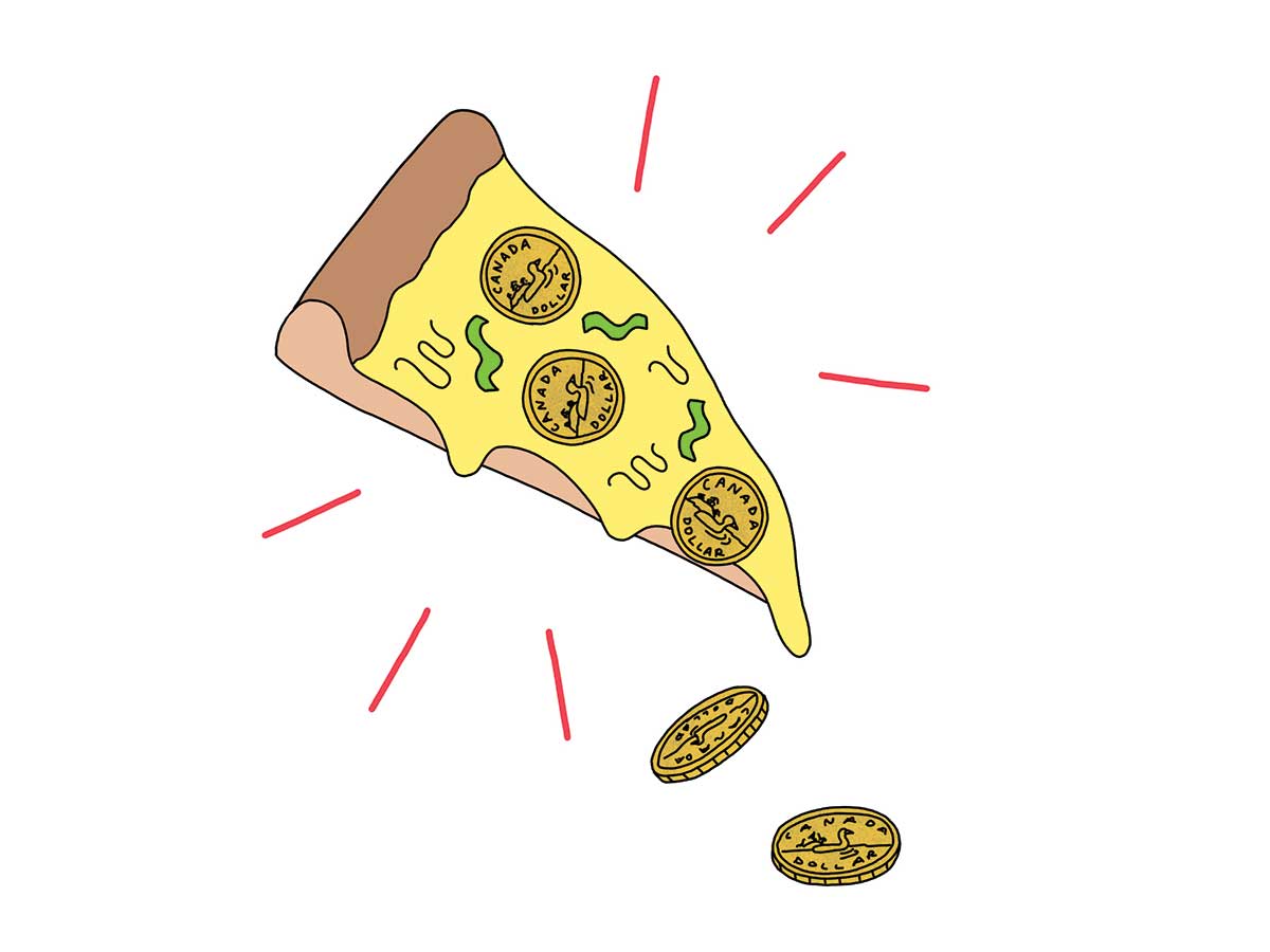 Illustration of a slice of pizza with coins in place of pepperoni