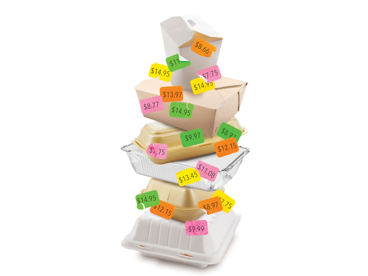Stacked take out containers with price tags