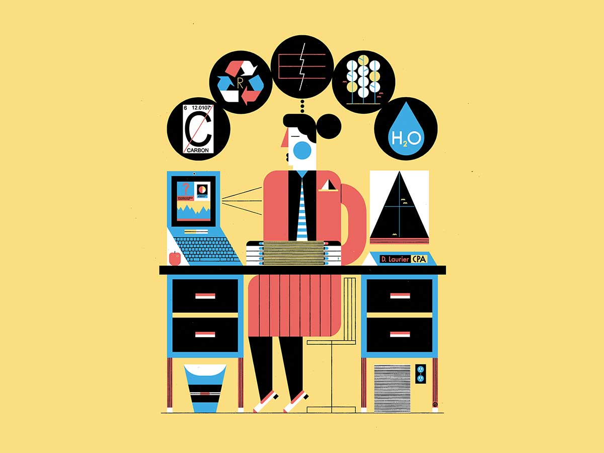 Illustration of business person at desk with environment icons over head