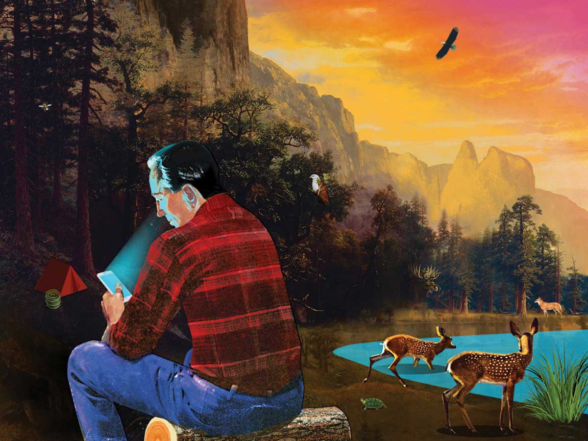 illustration of a man camping in the woods and beautiful scenery, staring at a electronic device