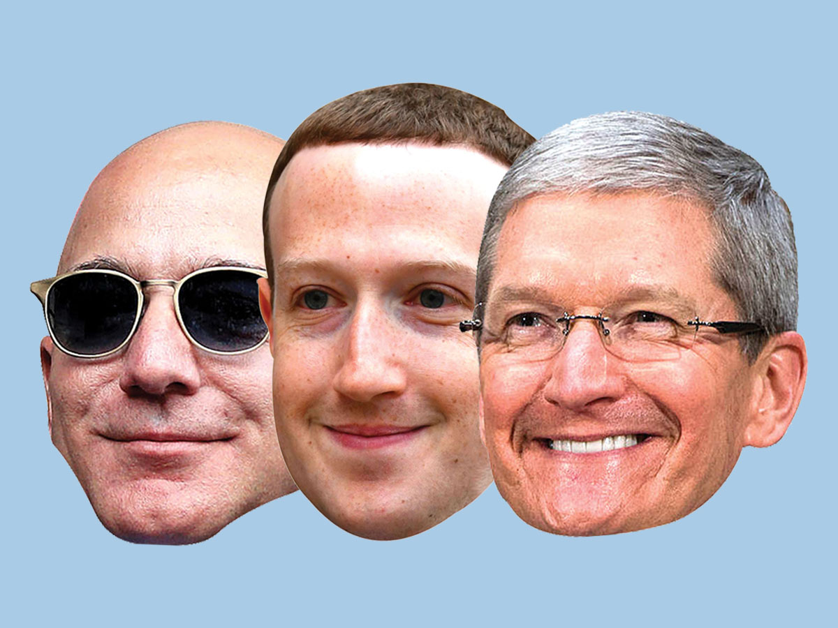 Collage de Jeff Bezos, Mark Zuckerberg et Tim Cook