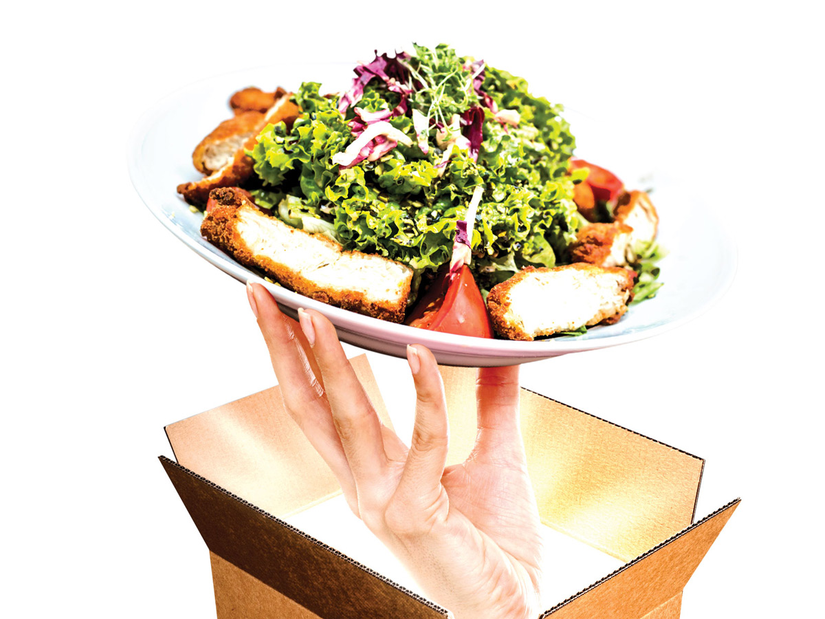 Plate of food balanced on fingertips rising from cardboard box.
