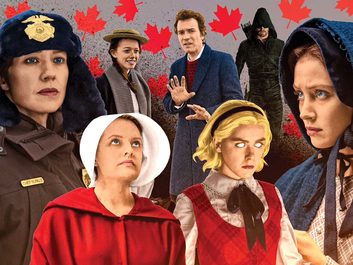 Random images of television characters on a maple leaf background