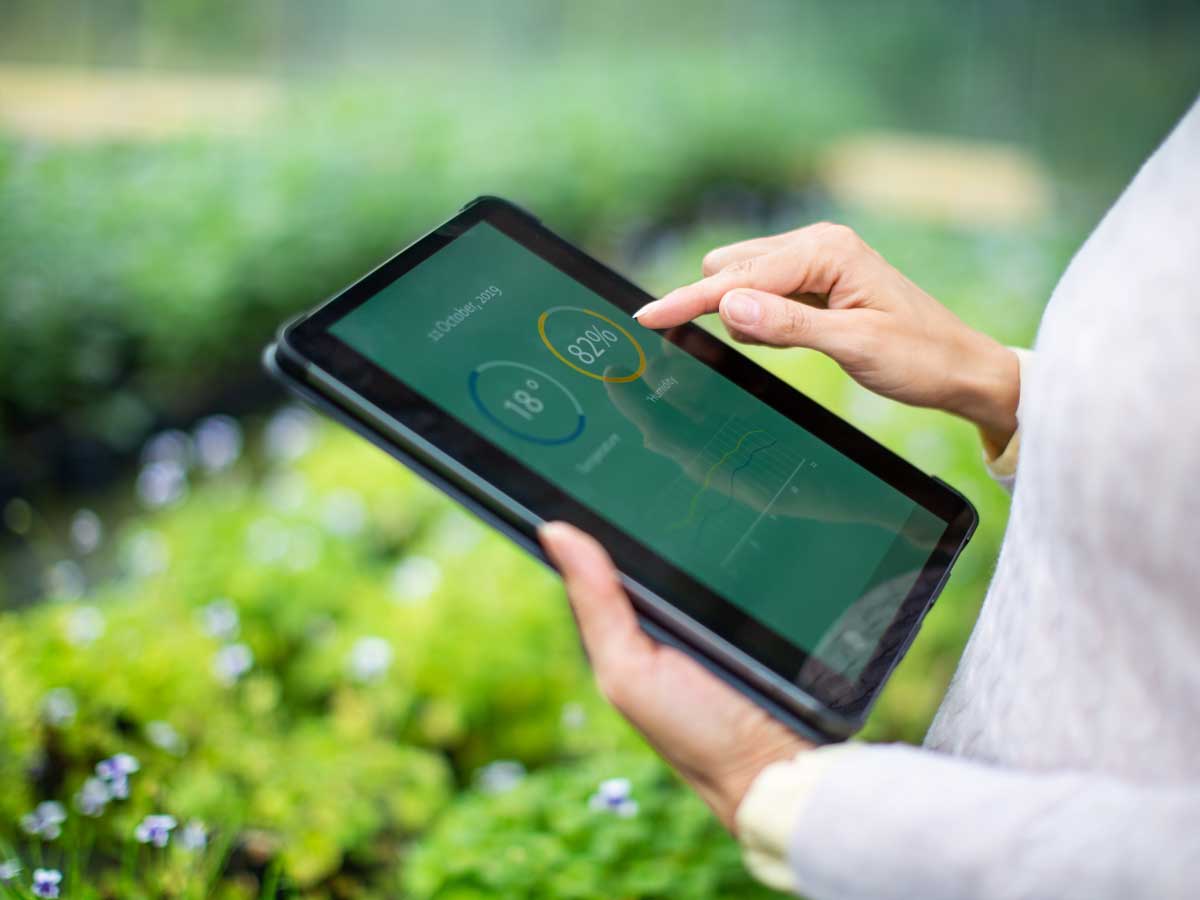 Jardinier à l'aide d'une tablette numérique pour obtenir des informations sur les nouvelles plantes