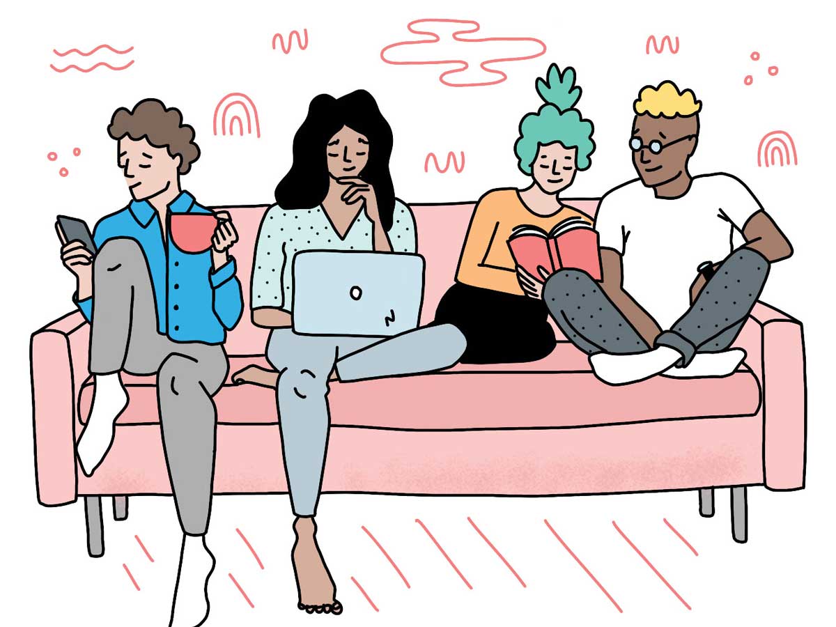 Illustration of roommates sitting together on couch