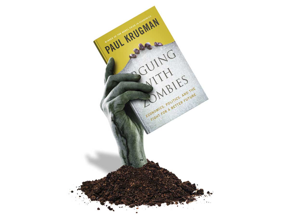 Image of zombie hand holding Peter Krugman’s Arguing with Zombies book