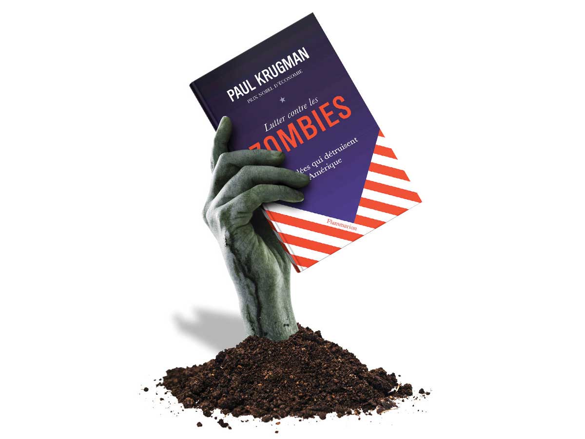 Image d'une main de zombie tenant le livre Arguing with Zombies de Peter Krugman "