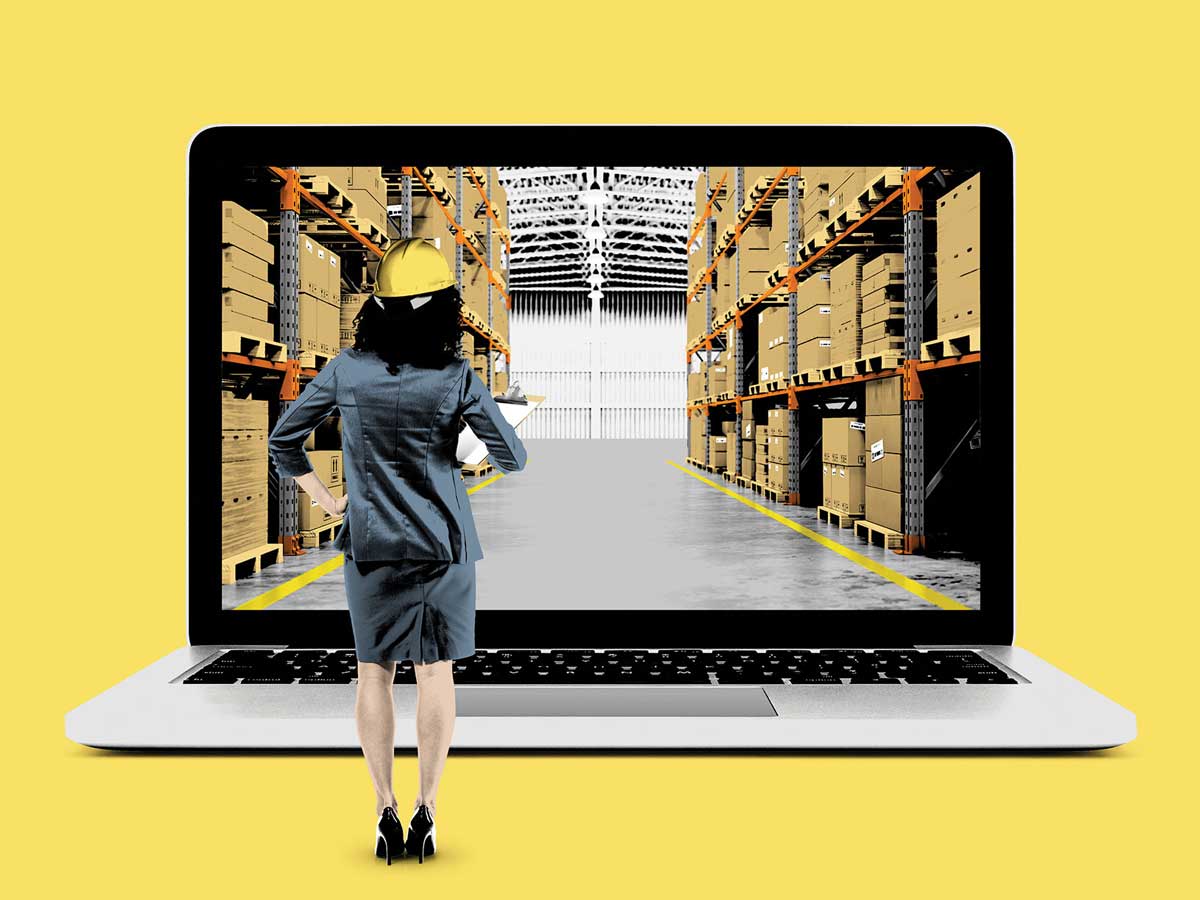 Picture illustration of business woman wearing hard hat and standing in front of a laptop screen displaying image of a warehouse