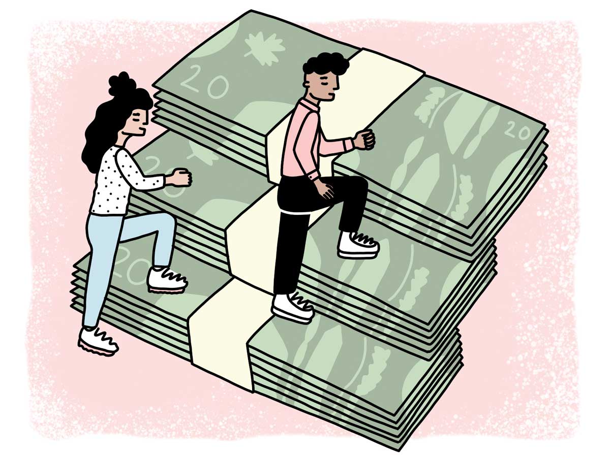 Illustration of man and woman climbing a stack of $20 bills