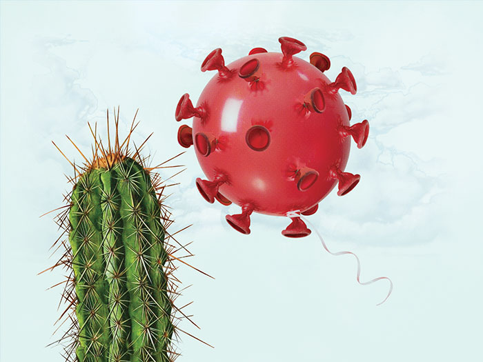 Illustration of microbe-shaped balloon floating near cactus