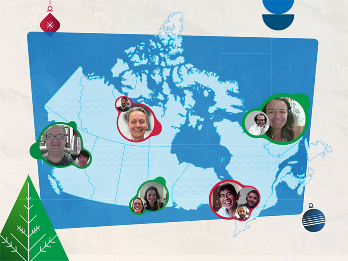 Illustration graphique d'une carte du Canada avec des portraits de travailleurs à distance superposés dans différentes régions.