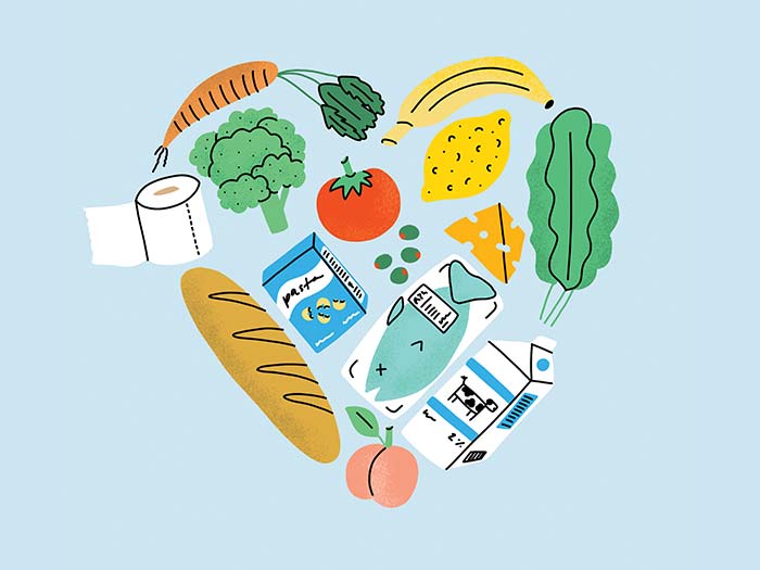 Illustration of grocery items in the shape of a heart