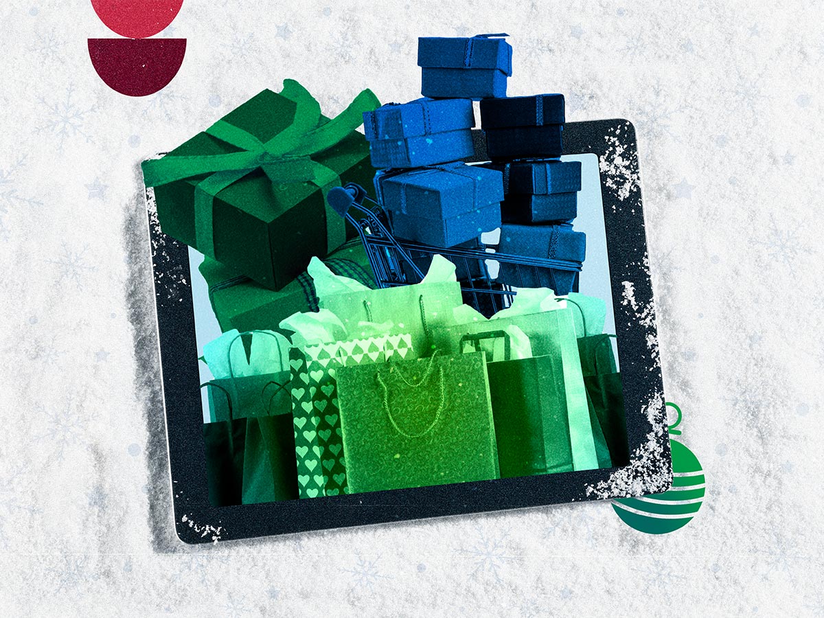Photo illustration of a computer tablet overflowing with various gifts