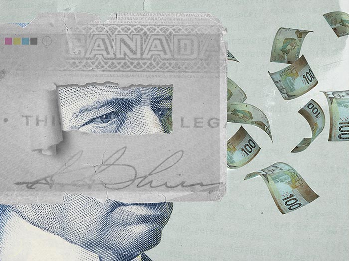 Photo collage of Sir Wilfred Laurier as depicted on the Canadian 5 dollar bill closely watching various 100 dollar bills flying by.