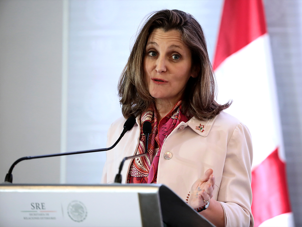 Canadian Finance Minister Chrystia Freeland speaking at a lectern.