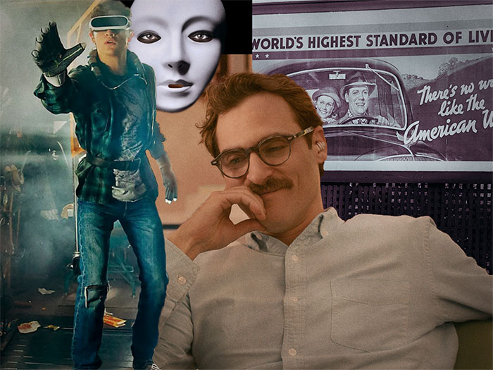 A photo collage of stills from the films Her, Ready Player One, Coded Bias and Capital in the Twenty-First Century 