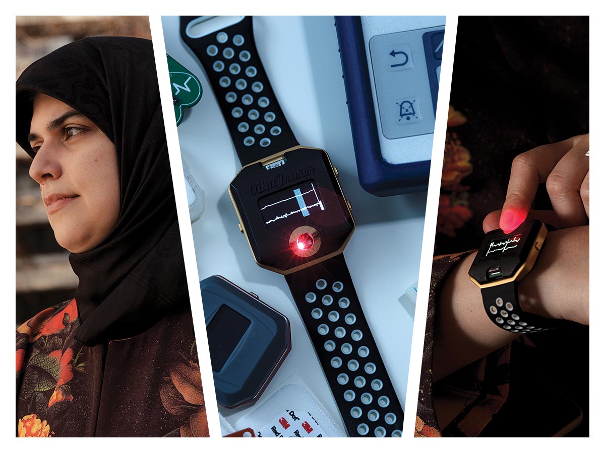 Collage of images of VTLab smartwatch and creator Azadeh Dastmachi