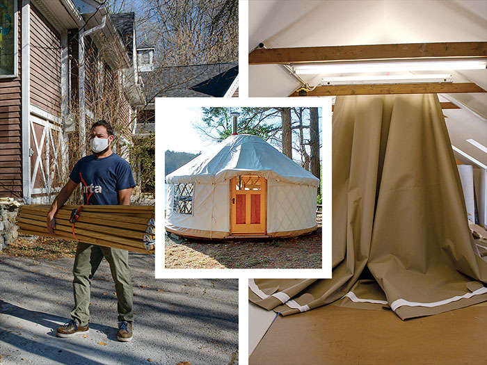 Yurta’s Yurt’s Patrick Ladisa transporting lumber; collapsible trellis; yurt canvas rooftop
