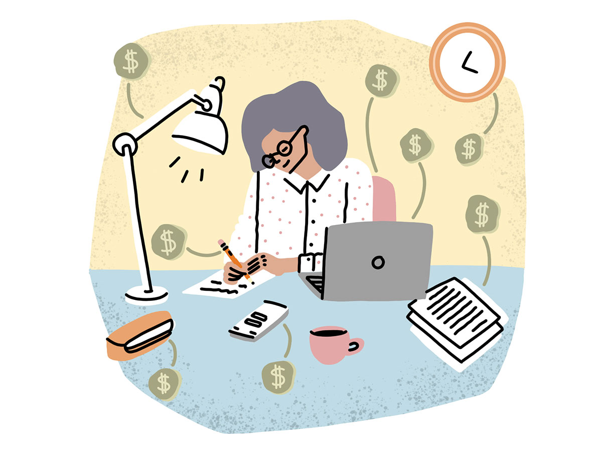 Illustration of a women working at a desk with her laptop, with money symbols flying around her.