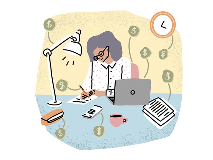 illustration d'une femme travaillant à un bureau avec son ordinateur portable, avec des symboles d'argent qui volent autour d'elle.