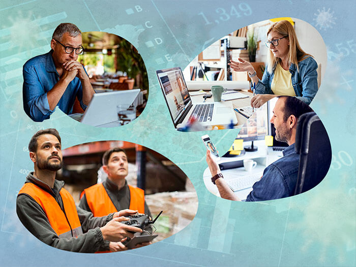 Collage of images showing workers in a warehouse controlling equipment and various employees working on laptops from home.