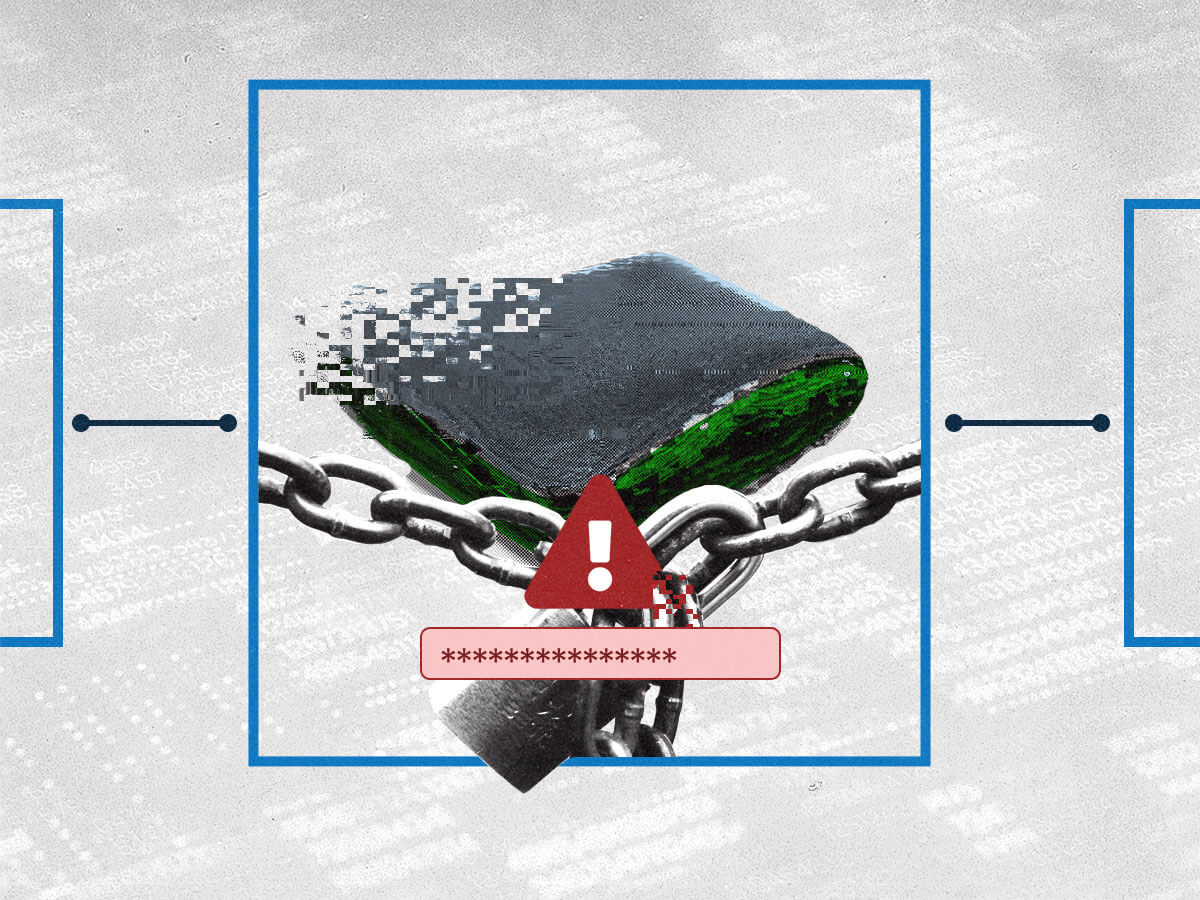 Collage photo d'un portefeuille piégé dans une boîte avec une chaîne et un cadenas