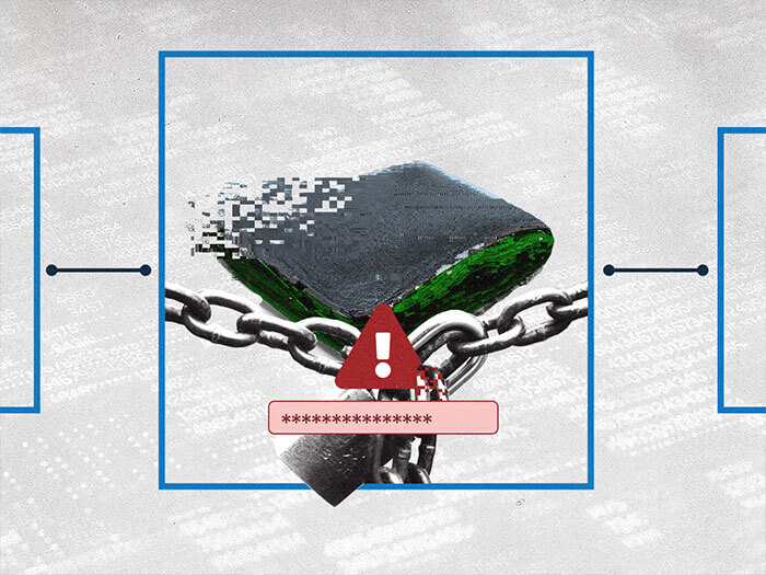Photo-illustration of a wallet trapped inside a box with a chain and lock