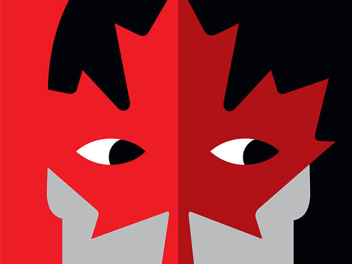 Illustration of a thief holding money and using a maple leaf as a disguise