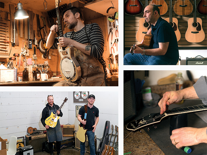 Collage of images: Prestige Guitars founder Mike Kurkdjian at the company’s Vancouver showroom. Lenny Robert, founder of Montreal’s Daddy Mojo Electrics at his work bench. Twin brothers Nick, left, and Tim Frank at the Frank Brothers Guitar Company’s Toronto workshop. A luthier at Vancouver-based Prestige Guitars strings a newly produced guitar.