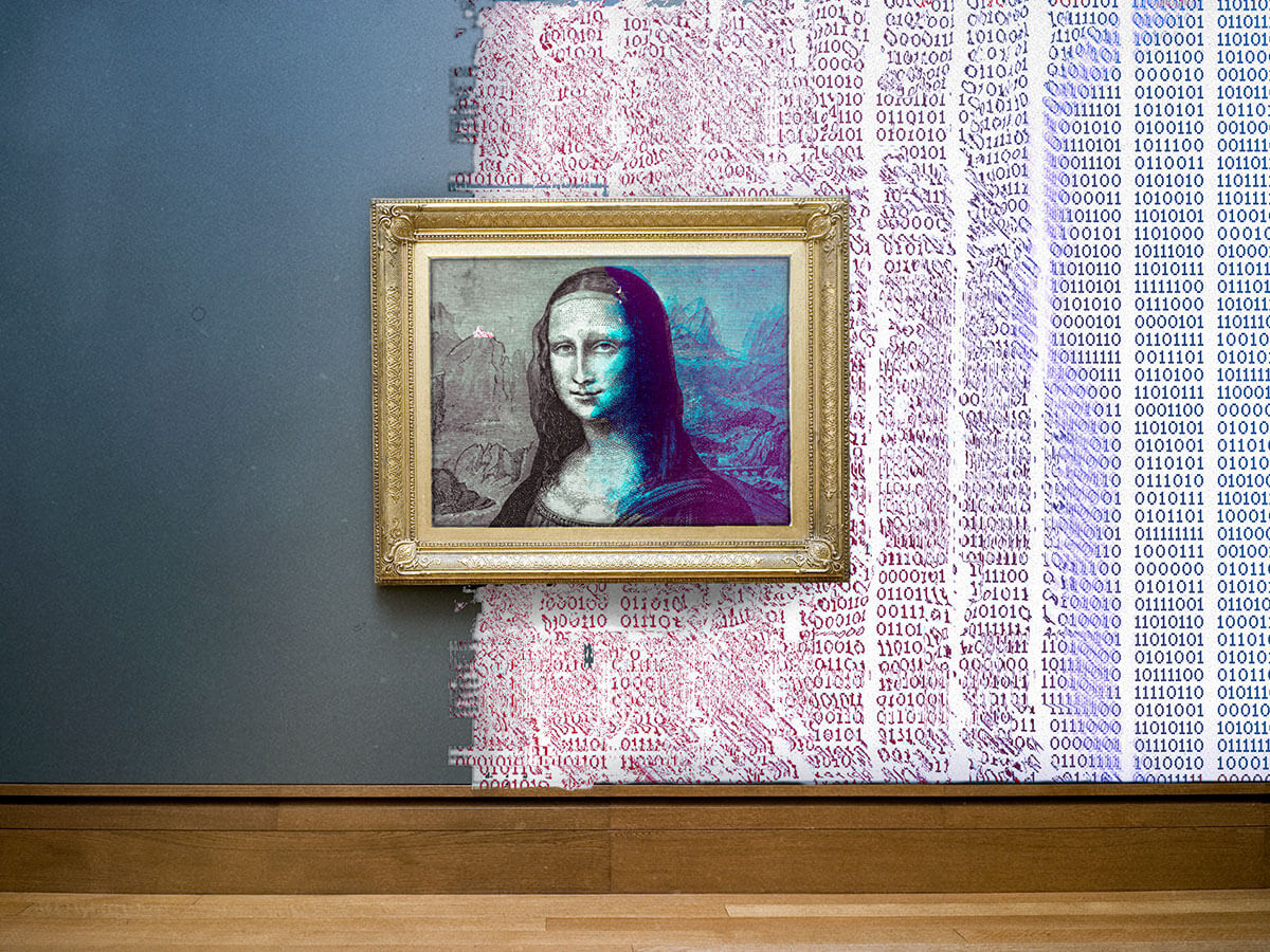 Photo illustration of an art gallery wall with a print of the Mona Lisa, overlaid with binary code.