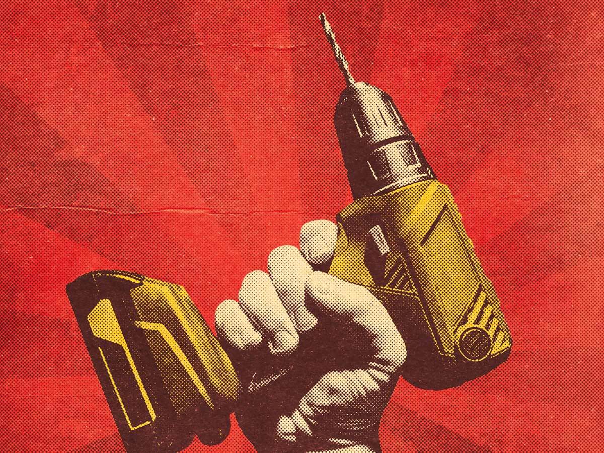 Illustrated hand holding a yellow drill on a red background