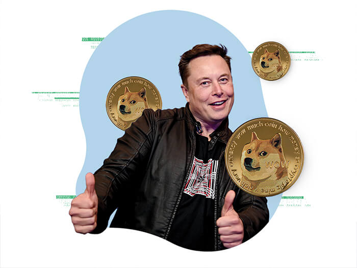 Elon Musk is shown giving two thumbs up while three gold coins with dogs on them float near his head
