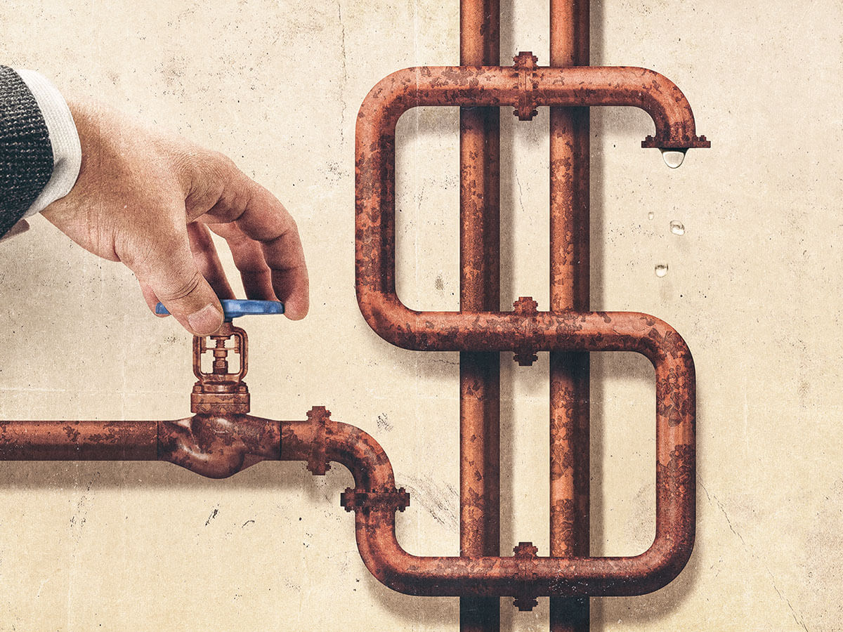 An illustration shows a hand turning a tap connected to a pipe shaped like a dollar sign