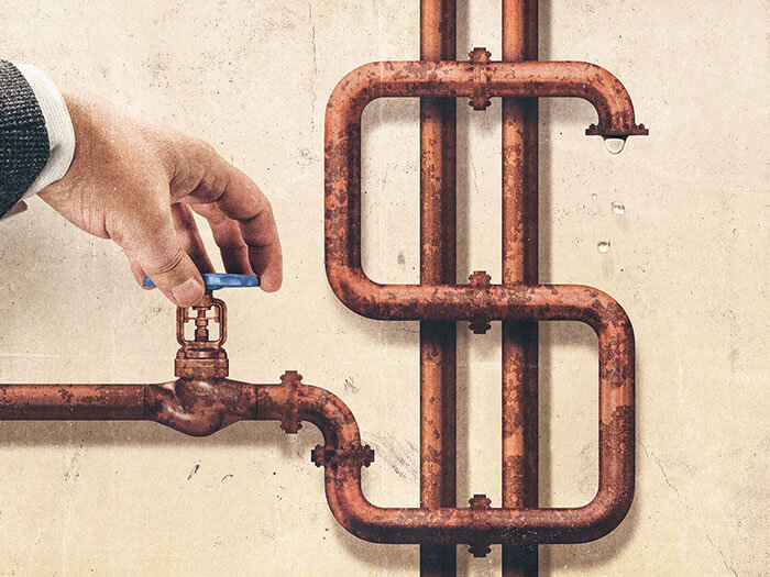 Une illustration montre une main qui tourne un robinet relié à un tuyau en forme de symbole de dollar.