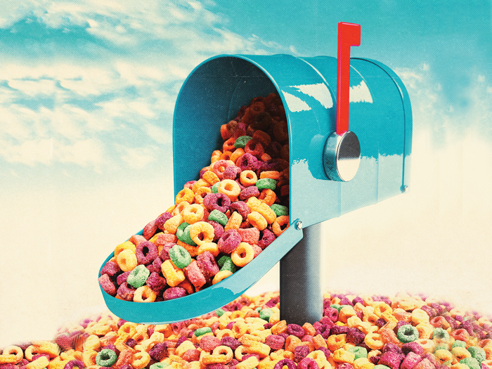 An illustration shows colourful cereal spilling out of a mailbox