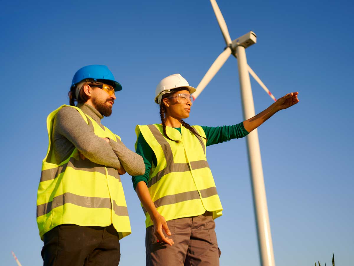 Two workers stand below a wind turbine