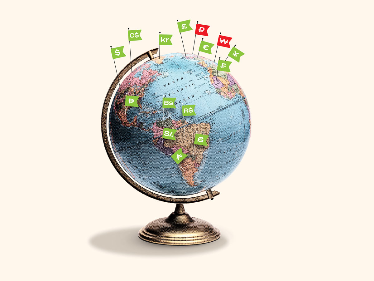 Illustration montre un globe terrestre avec les symboles de monnaies de différents pays
